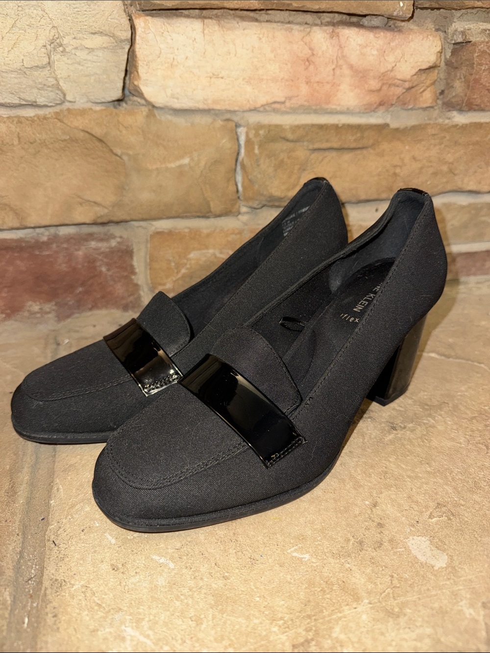 Anne Klein Black Block Heel Loafer Pumps with Patent Strap